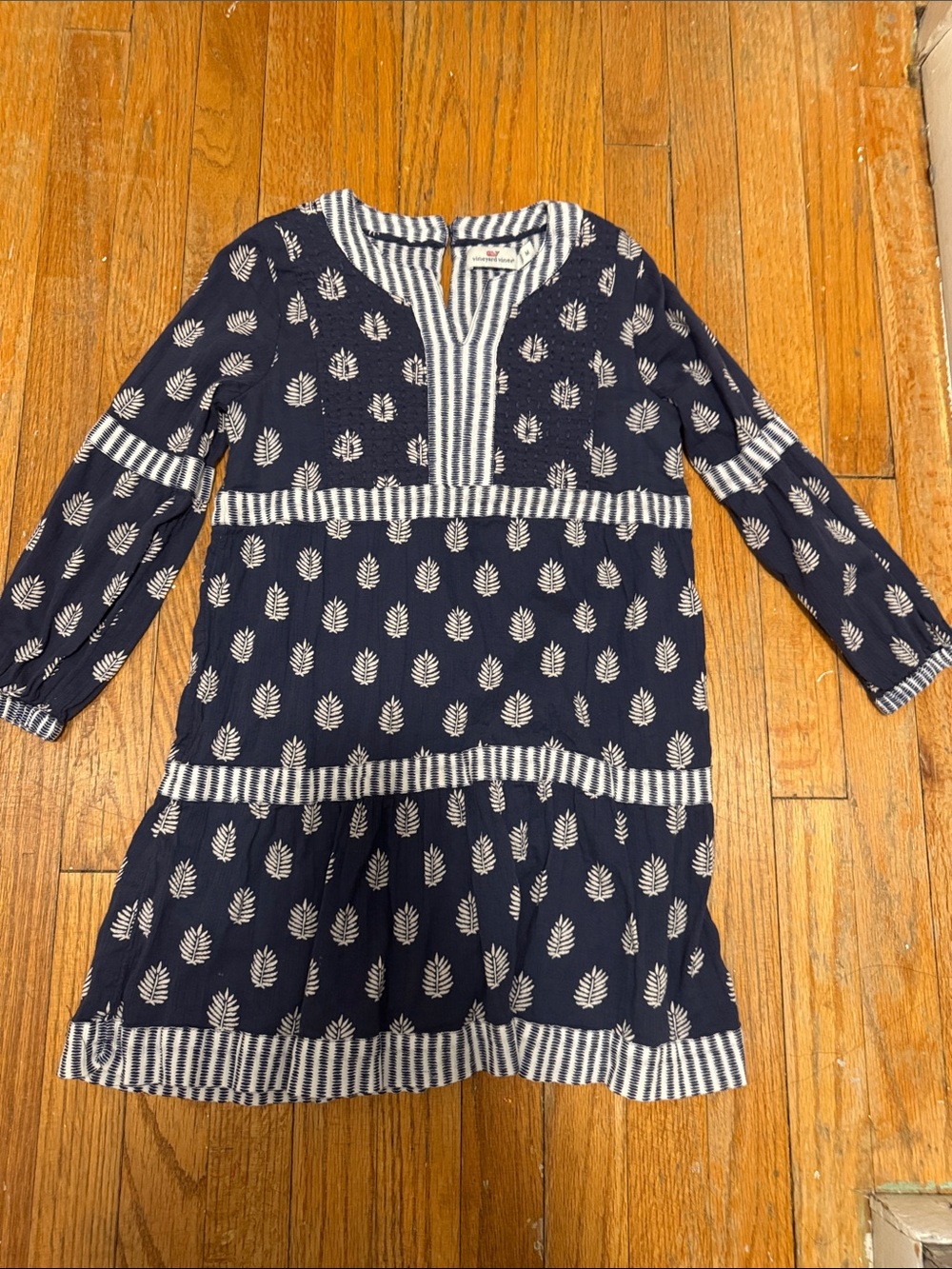 Vineyard Vines Navy Dress with Ivory Leaf Print
